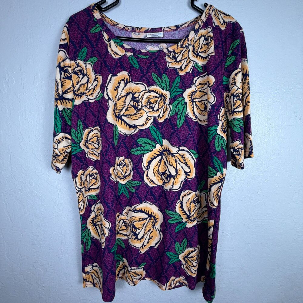 LuLaRoe Women’s 3XL Floral Tunic Top Purple Yellow Rose 3/4 Sleeve Plus NWOT
